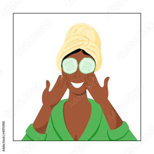 African young woman after a shower in a robe and a towel on her head makes a cucumber mask. Daily self care routine. Natural cosmetic. Stock vector flat illustration isolated on white background.