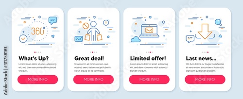 Set of Business icons, such as Stop shopping, E-mail, 360 degrees symbols. Mobile screen banners. Download line icons. No buying, New message, Panoramic view. Load file. Stop shopping icons. Vector