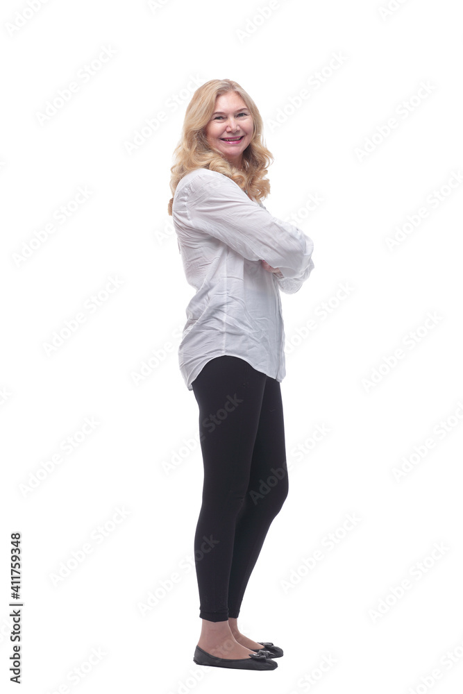 smiling mature woman in a white blouse looking at you. smiling mature woman in a white blouse looking at you.