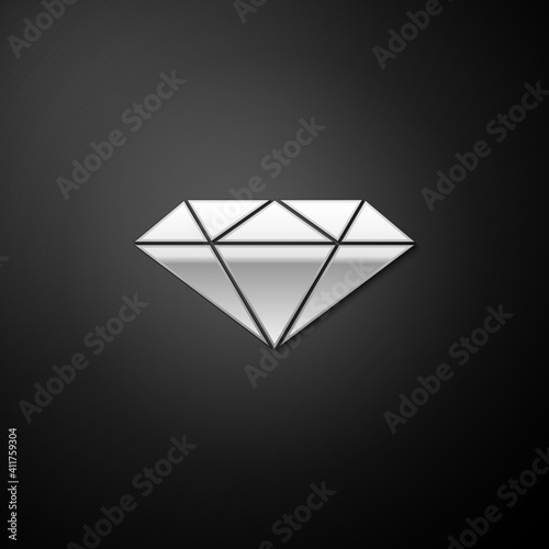 Silver Diamond icon isolated on black background. Jewelry symbol. Gem stone. Long shadow style. Vector.