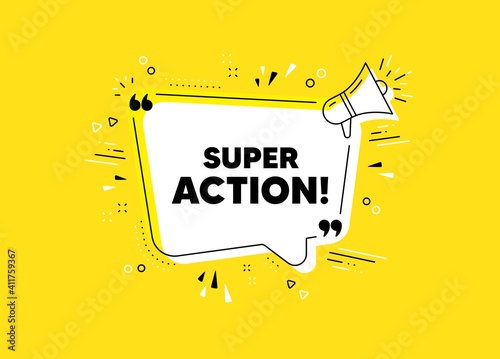 Super action symbol. Megaphone yellow vector banner. Special offer price sign. Advertising discounts symbol. Thought speech bubble with quotes. Super action chat think megaphone message. Vector