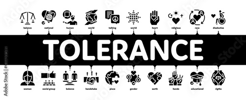 Tolerance And Equality Minimal Infographic Web Banner Vector. Tolerance For Different Religion And Race, People With Disabilities And Gender Black Illustration