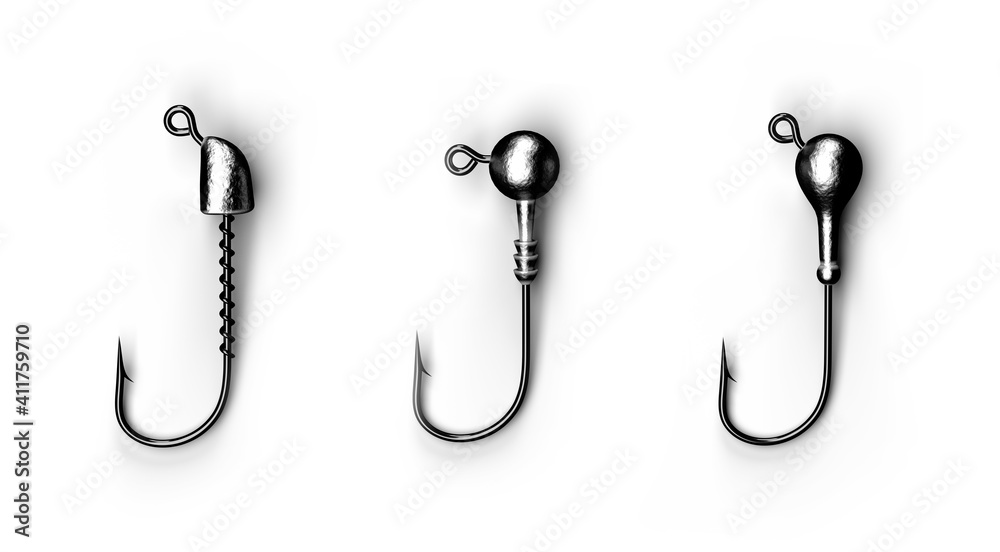 Hooks, bait and heads for sporty and amateur fishing. Used to catch large and predatory fish. White isolated background