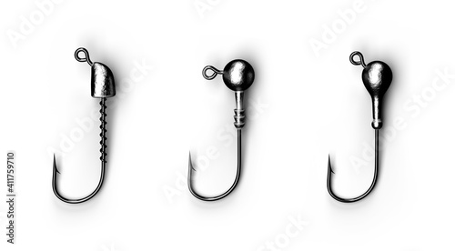Hooks, bait and heads for sporty and amateur fishing. Used to catch large and predatory fish. White isolated background
