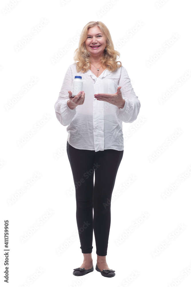 smiling woman holds a bottle of antiseptic . smiling woman holds a bottle of antiseptic .