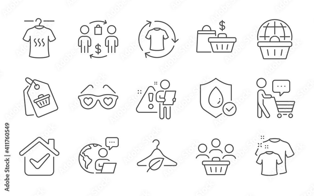 Clean t-shirt, Love glasses and Slow fashion line icons set. Sale bags, Buyer think and Buyers signs. Buying process, Online shopping and Dry t-shirt symbols. Line icons set. Vector