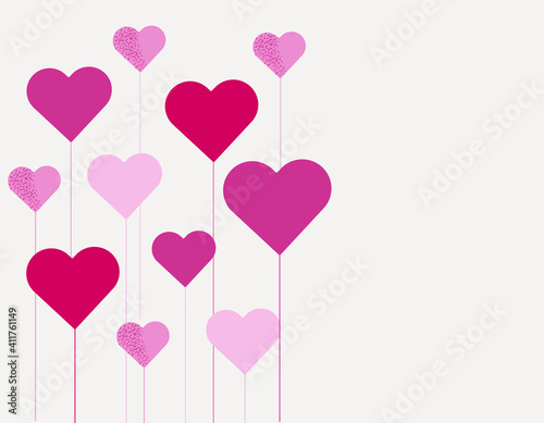 Pink, red and burgundy hearts on a white background. Heart-shaped balloons. Happy Valentine's Day! Greeting card!