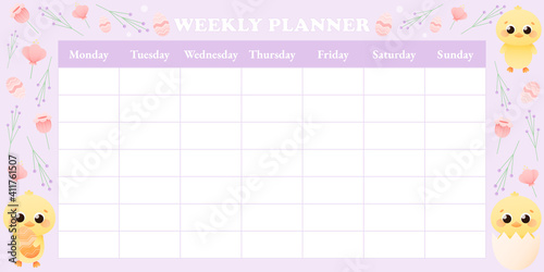 Cute childish spring weekly planner with animal character - chick and flowers around on violet background, printable timetable or diary page, Easter concept, organizer template for kids