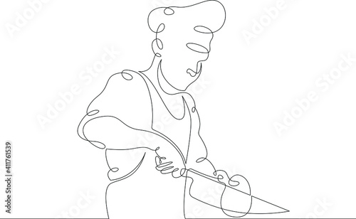 Chef prepares food in the kitchen. Male cook in uniform with kitchen utensils at work.One continuous drawing line  logo single hand drawn art doodle isolated minimal illustration.