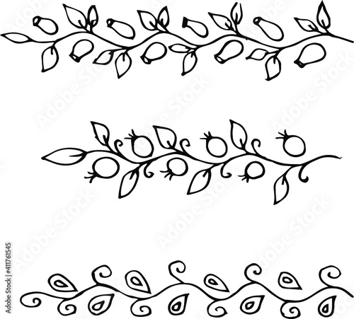 simple set of decorative twigs with leaves. Vector drawing ornament from branches.