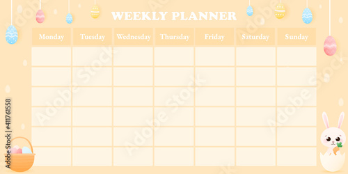Pastel yellow weekly planer with cute bunny character and easter eggs, colourful childish timetable for school or diary template design for kids, easter concept in cartoon style