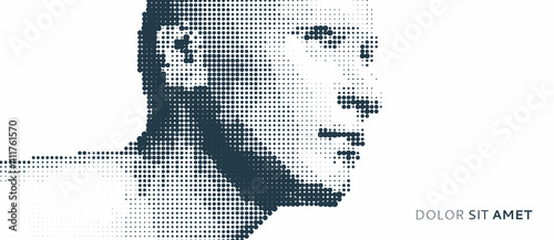 Abstract man head made from dots. Side view of dotted face background. Facial recognition. 3D vector illustration.