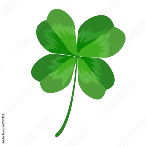 Clover isolated on white background. Clover leaf with four petals. Green shamrock for St. Patrick's Day. Symbol of Irish Holiday and good luck. Emblem of Irish beer festival. Stock vector illustration
