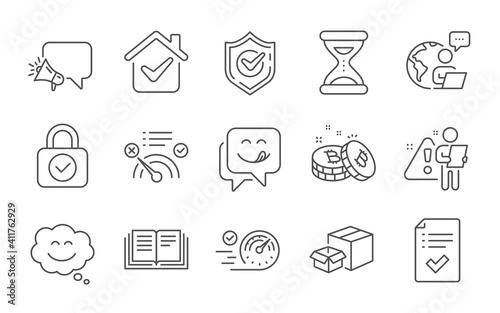 Packing boxes, Time and Approved checklist line icons set. No internet, Bitcoin and Megaphone signs. Smile chat, Security lock and Speedometer symbols. Education, Confirmed and Yummy smile. Vector