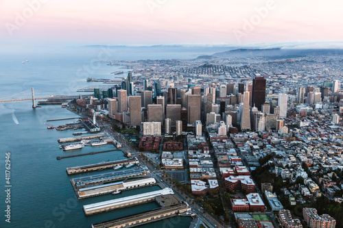 Aerial of downtown city at sunset, San Francisco, USA