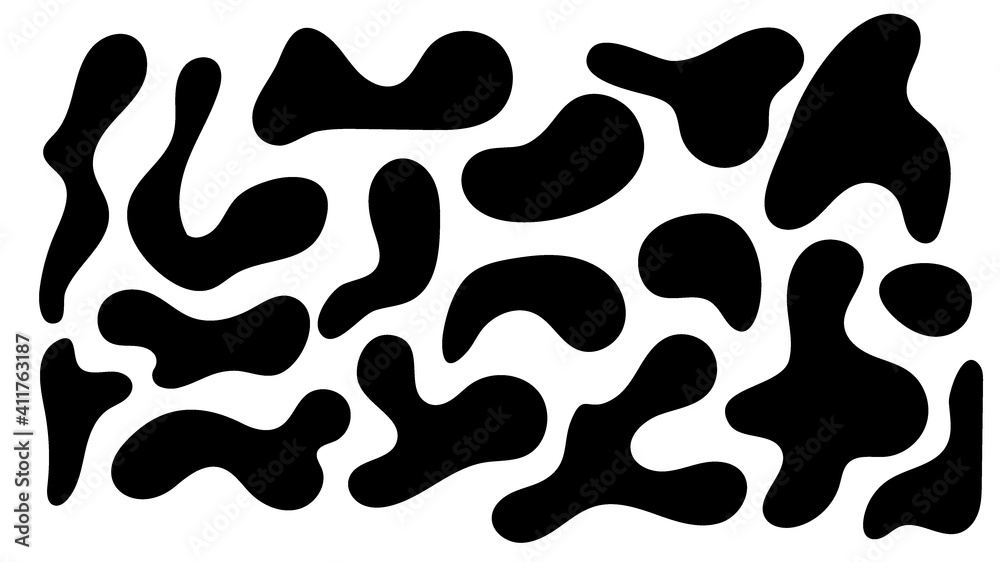 Irregular blob, set of abstract organic shapes. Abstract irregular random blobs. Simple liquid amorphous splodge. Trendy minimal designs for presentations, banners, posters and flyers.