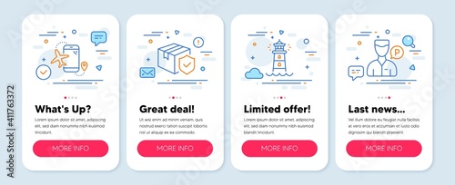 Set of Transportation icons, such as Lighthouse, Flights application, Parcel insurance symbols. Mobile screen app banners. Valet servant line icons. Vector