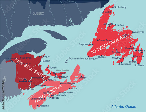 Vector color editable map of Atlantic provinces of Canada New Brunswick, Nova Scotia, Prince Edward Island and province of Newfoundland with capitals, national borders, cities and towns, rivers and