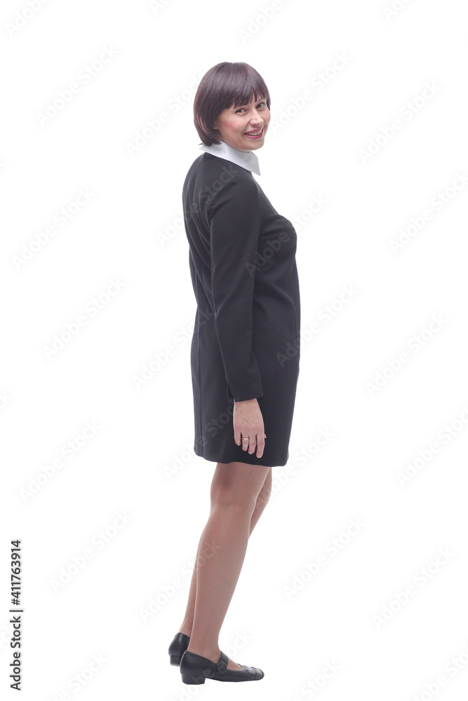 rear view. woman in business looking at a white screen . rear view. woman in business looking at a white screen .