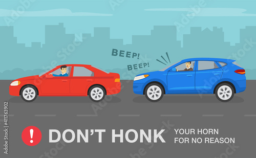 Aggressive and angry suv car driver is honking horn for no reason. Side view of a city street. Flat vector illustration template.