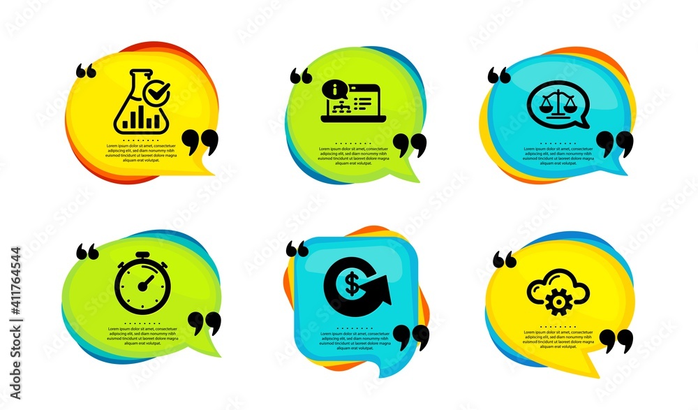Timer, Dollar exchange and Online documentation icons simple set. Speech bubble with quotes. Justice scales, Chemistry lab and Cloud computing signs. Vector