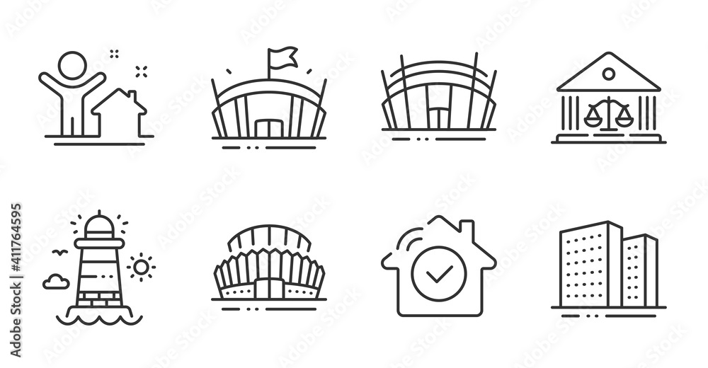 Lighthouse, New house and Arena line icons set. Arena stadium, Buildings and Sports stadium signs. House security, Court building symbols. Beacon tower, Buying home, Sport complex. Vector
