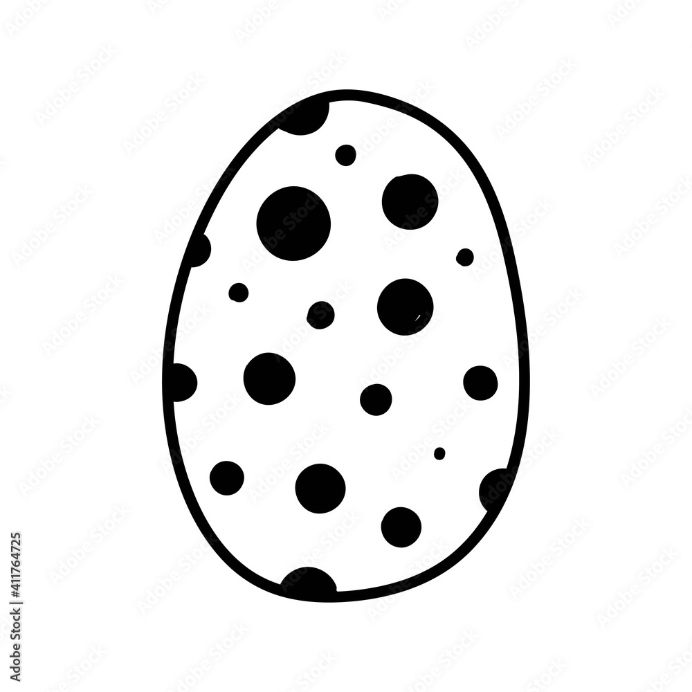One easter egg with black ornament of circles, balls, dots on white background. Simple Spring holiday symbols