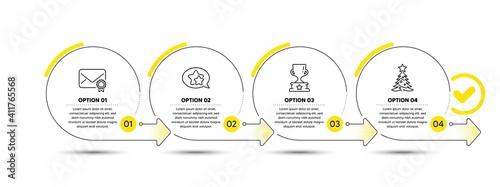 Star, Winner cup and Verified mail line icons set. Timeline process infograph. Christmas tree sign. Favorite, Award cup, Confirmed e-mail. Spruce. Business set. Infographics timeline banner. Vector