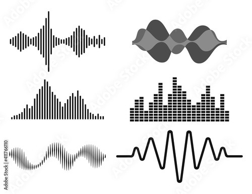 Frequency audio waveform, music wave HUD interface elements, voice graph signal. Vector audio electronic wave set. Vector illustration.
