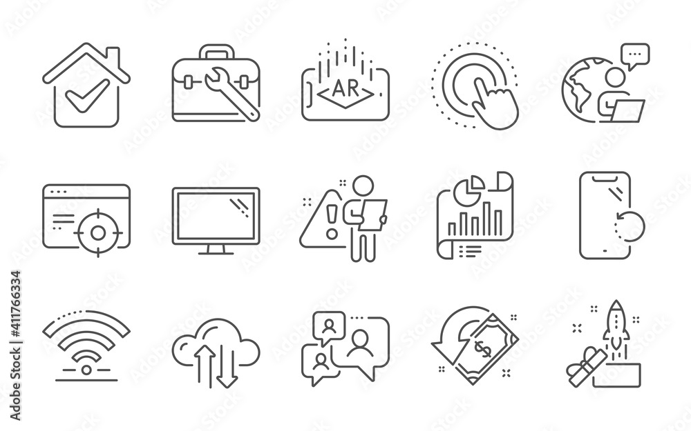 Cloud sync, Innovation and Wifi line icons set. Tool case, Seo targeting and Smartphone recovery signs. Monitor, Augmented reality and Support chat symbols. Line icons set. Vector Cloud sync, Innovation and Wifi line icons set. Tool case, Seo targeting and Smartphone recovery signs. Monitor, Augmented reality and Support chat symbols. Line icons set. Vector