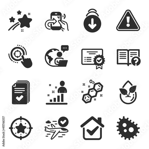 Set of Technology icons, such as Certificate, Seo target, Chemical formula symbols. Star target, Organic product, Stats signs. Share call, Help, Confirmed flight. Bacteria, Handout. Vector
