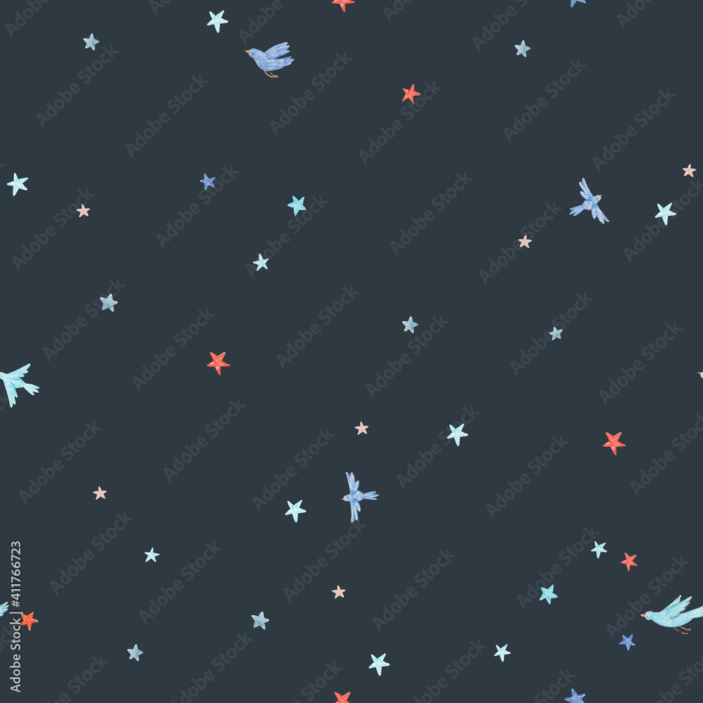 Beautiful seamless pattern with cute watercolor birds and stars. Stock illustration. Beautiful seamless pattern with cute watercolor birds and stars. Stock illustration.