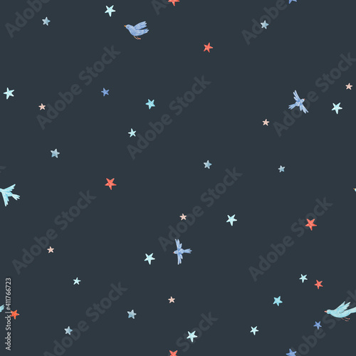 Fototapeta Naklejka Na Ścianę i Meble -  Beautiful seamless pattern with cute watercolor birds and stars. Stock illustration.