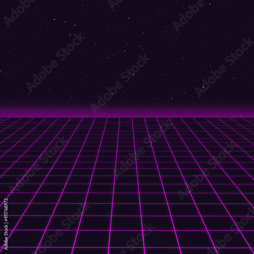 Synthwave magenta cyber laser grid with stars in background and horizon on starry space background. Design for poster, cover, wallpaper, web, banner.