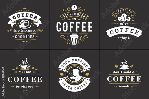 Coffee quotes vintage typographic style inspirational phrases vector illustrations set.