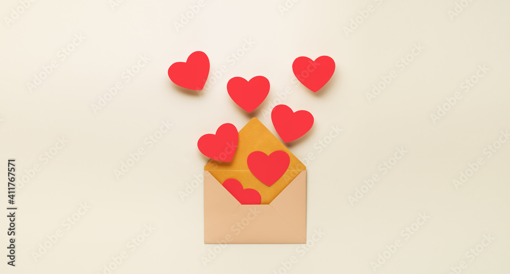 Red paper hearts fly out of paper envelope