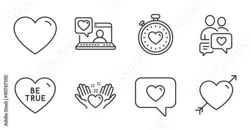 Love, Love message and Hold heart line icons set. Dating chat, Be true and Heartbeat timer signs. Heart, Friends chat symbols. Valentines day, Dating service, Friendship. Love set. Vector