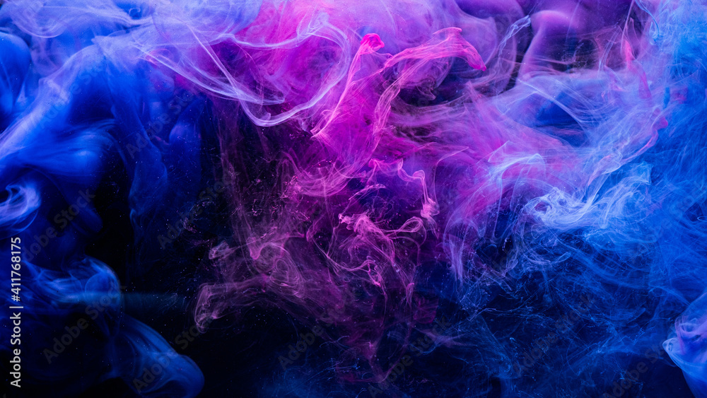 Color explosion. Fluorescent background. Paint in water. Vibrant smoke cloud texture. Glowing neon blue magenta pink steam splash on dark. - obrazy, fototapety, plakaty 