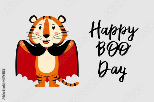 Fototapeta Naklejka Na Ścianę i Meble -  Halloween greeting card template with cute tiger in vampire costume, symbol of year 2022 according to the Chinese calendar. Handwritten text of 