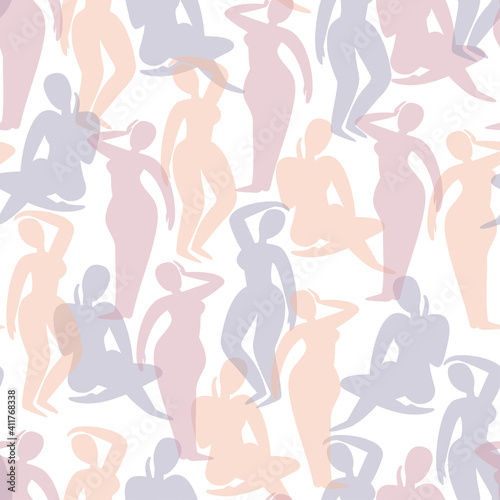 Pastel seamless pattern with nude women in different poses. Simple endless vector illustration