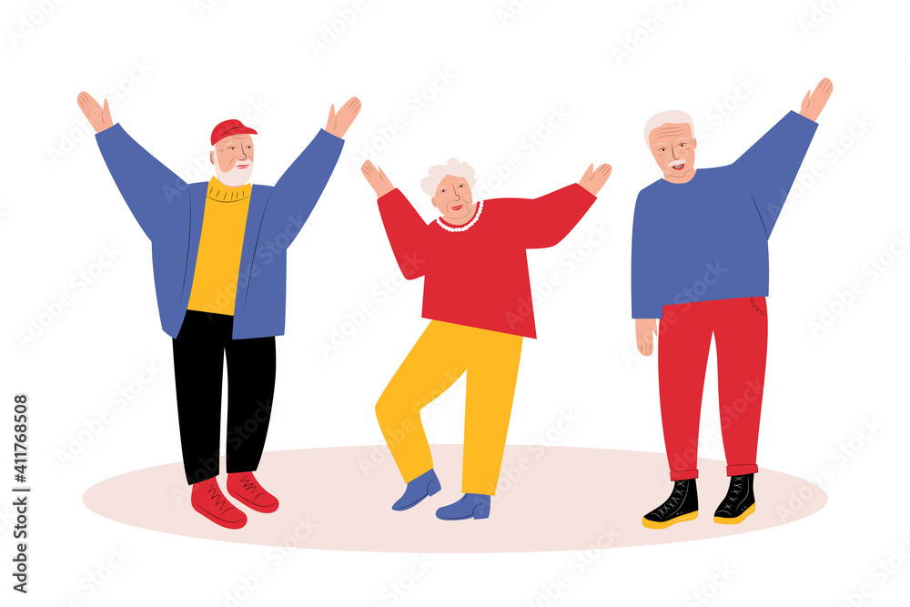Fototapeta premium Happy elderly people. Group of grandparents with arms raised up. Vector flat illustration on white background