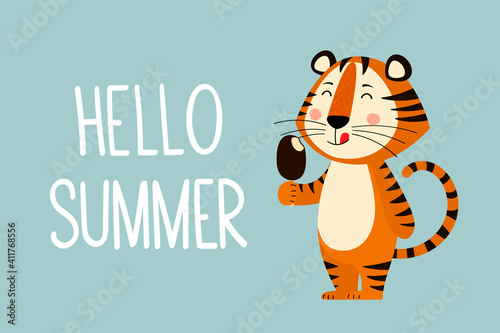 A postcard template with a cute tiger, the symbol of the year 2022 in the Chinese calendar. Hand-written text "Hello Summer". Vector stock illustration. © Мария Кутепова