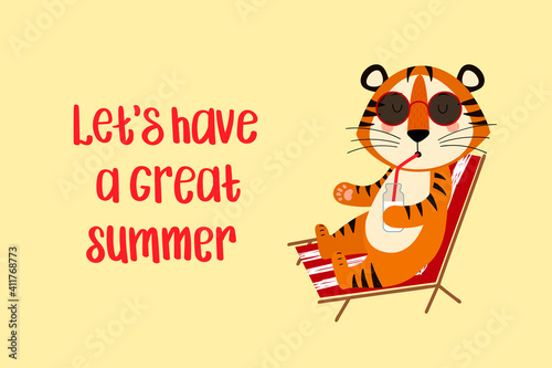 A postcard template with a cute tiger, the symbol of the year 2022 in the Chinese calendar. Handwritten text "Let's have a great summer". Vector stock illustration. © Мария Кутепова