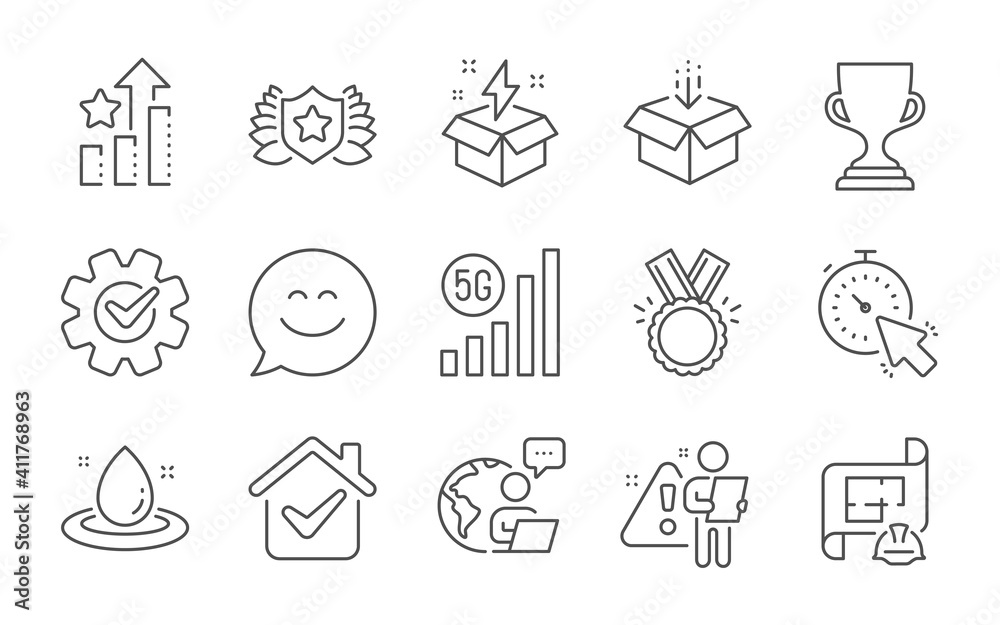 5g wifi, Cogwheel and Ranking stars line icons set. Smile chat, Creative idea and Award cup signs. Timer, Fuel energy and Get box symbols. Honor, Engineering plan and Laureate. Line icons set. Vector 5g wifi, Cogwheel and Ranking stars line icons set. Smile chat, Creative idea and Award cup signs. Timer, Fuel energy and Get box symbols. Honor, Engineering plan and Laureate. Line icons set. Vector