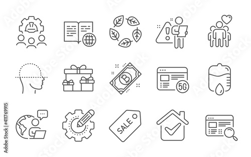 Sale ticket, 5g internet and Engineering team line icons set. Bitcoin, Drop counter and Surprise boxes signs. Internet book, Organic tested and Face scanning symbols. Line icons set. Vector