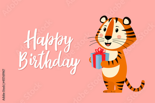 Greeting card template with a cute tiger, the symbol of the year 2022 in the Chinese calendar. Handwritten text "Happy birthday". Vector stock illustration. © Мария Кутепова