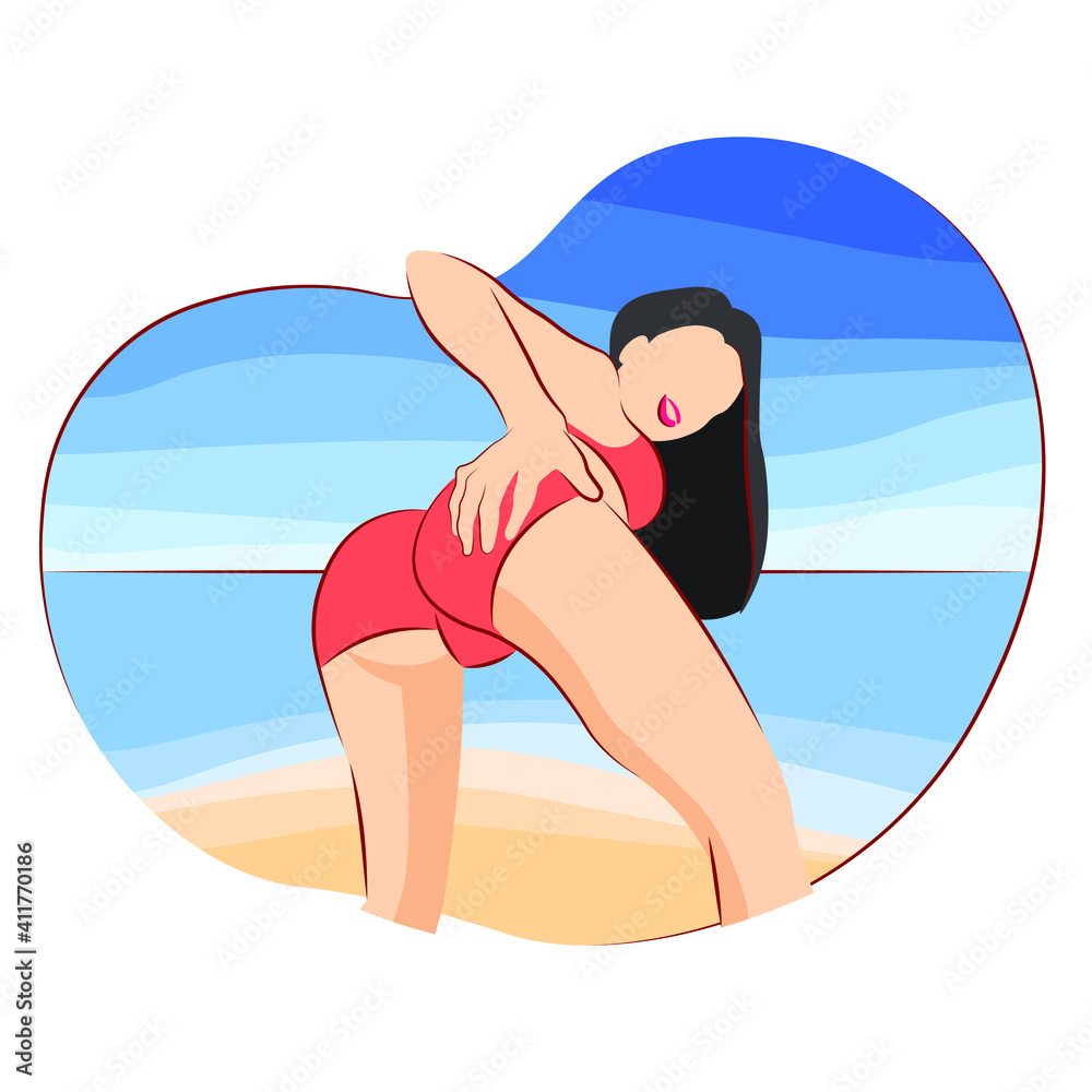 sexy girl stands on the beach and holds her ass