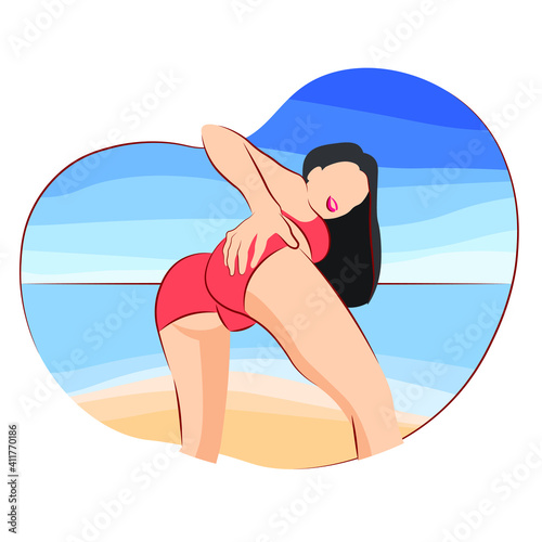 sexy girl stands on the beach and holds her ass