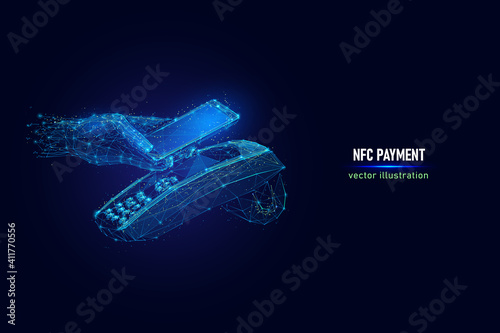 Customer hand paying using NFC technology with phone, contactless payment digital wireframe made of connected dots. NFC near field communication low poly vector illustration on blue background.