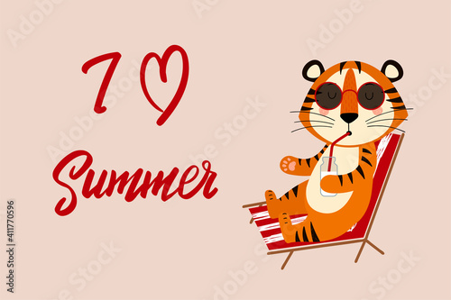 A postcard template with a cute tiger, the symbol of the year 2022 in the Chinese calendar. Handwritten text "I love summer". Vector stock illustration. © Мария Кутепова